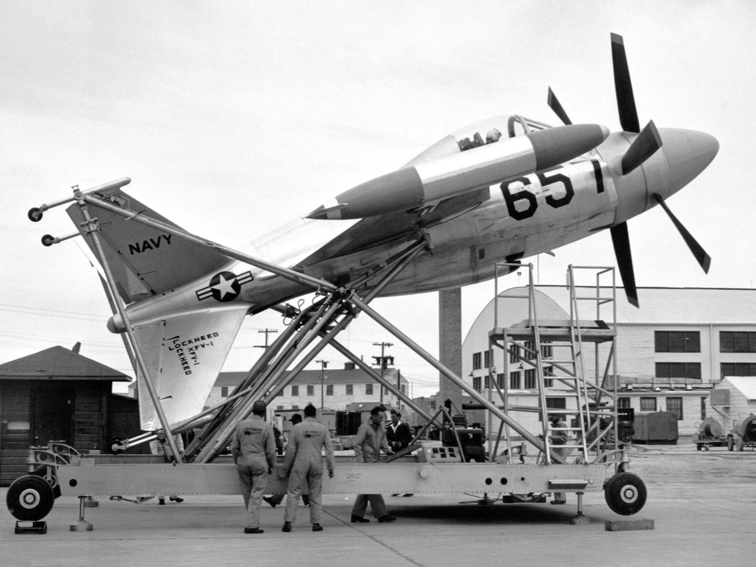 r/WeirdWings - Lockheed XFV-1 Salmon experimental VTOL fighter at Edwards Air Force Base, circa 1954