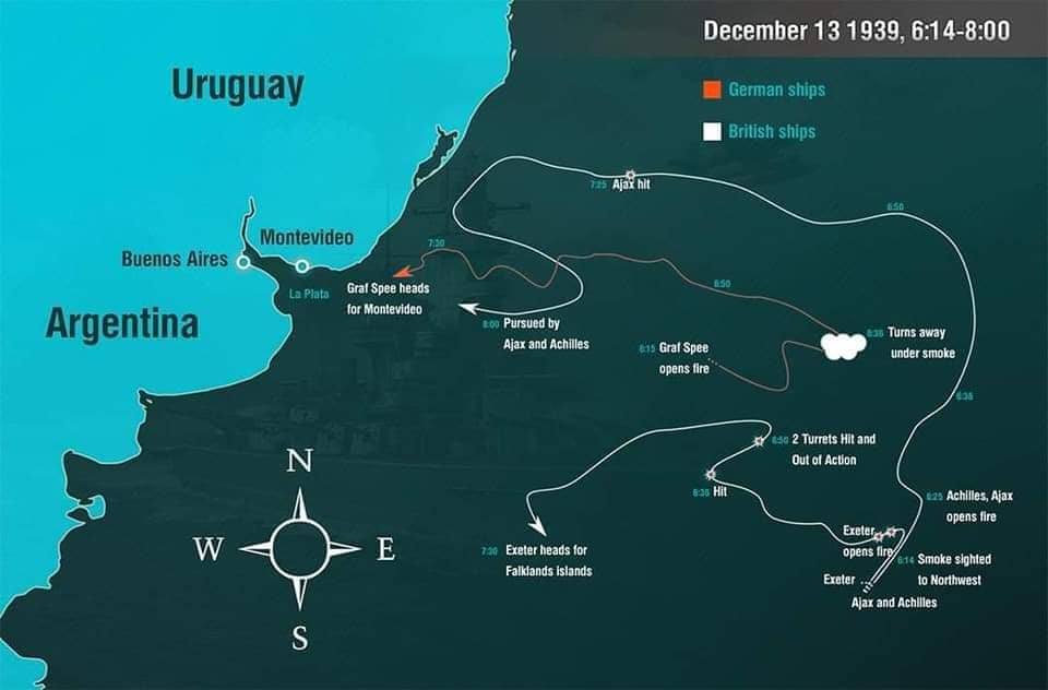 May be an image of map and text that says 'Uruguay December 13 1939, 6:1 6:14-8:00 German ships British Britishships ships Buenos Aires Ajaxh it Montevideo LaPlata Graf Spee heads for Montevideo Argentina 1:00 Pursued by Ajax and Achilles Graf Spee opens fire Turns away under smoke N 2 Turrets Hit nd w Out Action Hit E Exeter heads for Falkiands Falkiandsisiands islands Achilles Ajax opens fire S Exetert opens fire re Exater Smoke sighted to Northwest Ajax and Achilles'